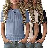LessonZoo 3 Pack Girls' T Shirts Short Sleeve Tees Crew Neck Ribbed Tops Lettuce Trim Cute Basic Solid Tees for 5-14Y