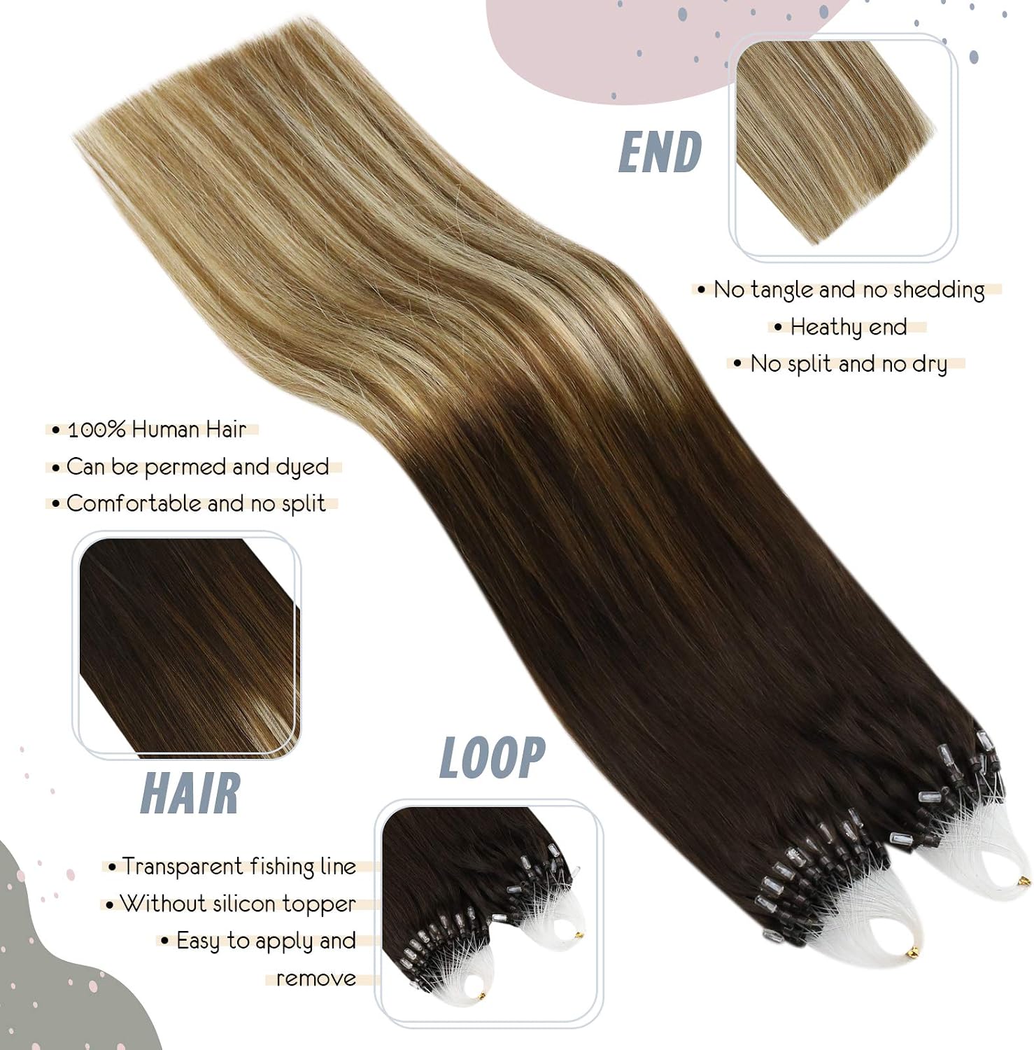 Ugeat Micro Ring Hair Extensions Brown Balayage Micro Link Hair Extensions Human Hair Brown to Light Blonde Balayage 14 Inch No Glue Needed 50G/50S #4/6/613 - Image 3