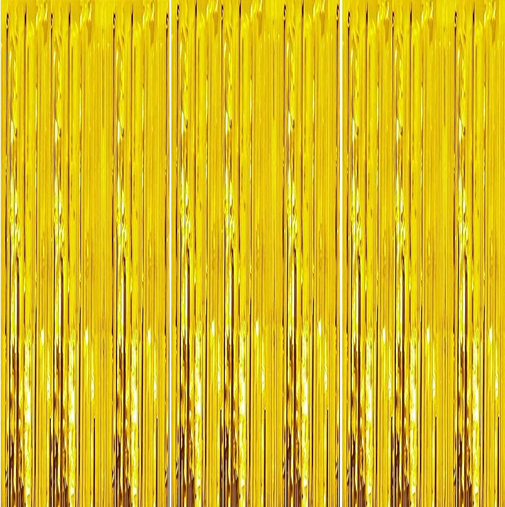 HONGCI 3 Pack Glitter Gold Tinsel Curtain 1m x 2m Foil Backdrop