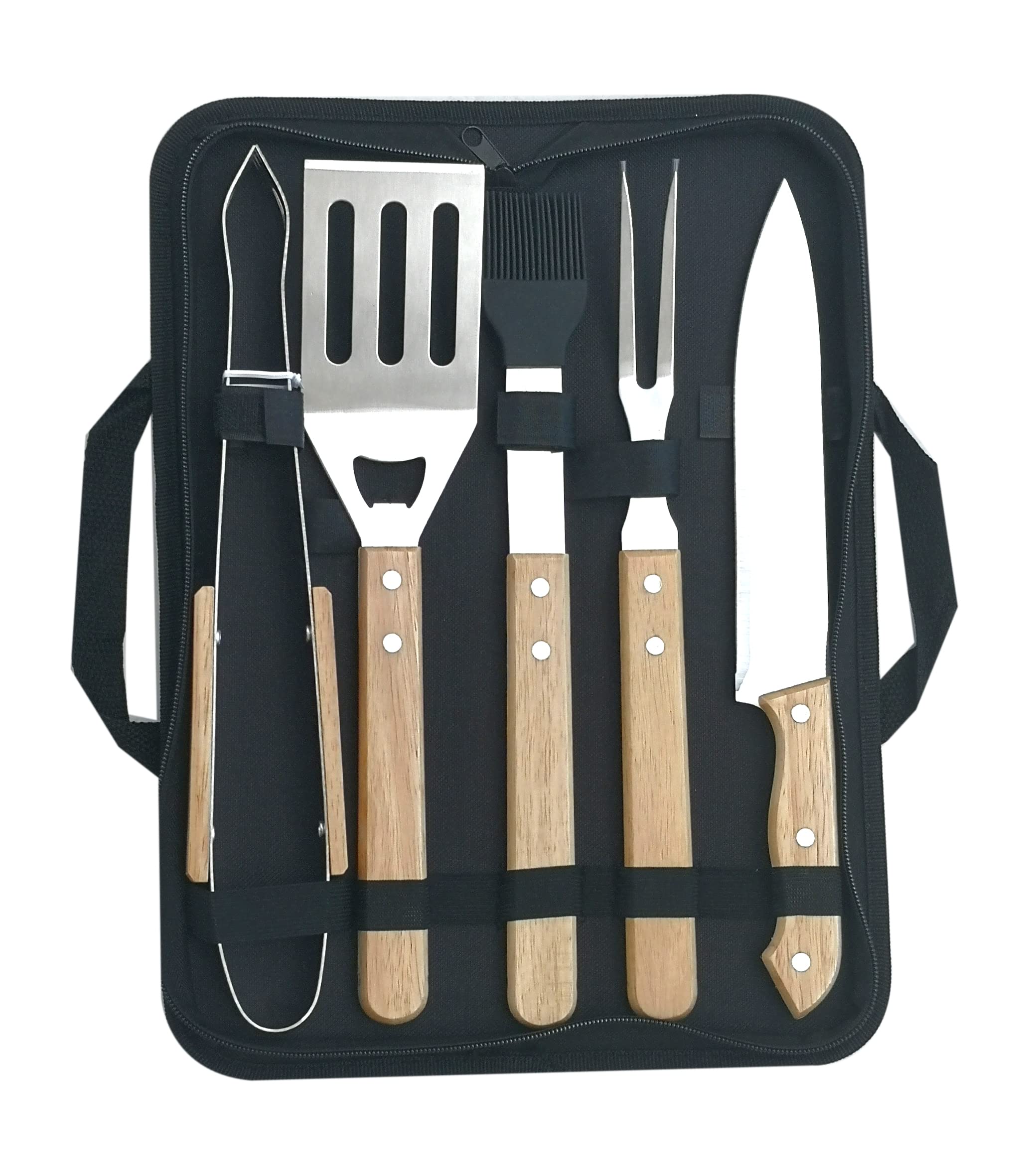 BBQ Barbecue Tool Set，5PC Wooden Handle Stainless Steel BBQ Accessories with Portable Bag, Ideal Outdoor Barbecue Grill Utensils Set, BBQ Grilling Tools Set BBQ Gift for Men Christmas Birthday