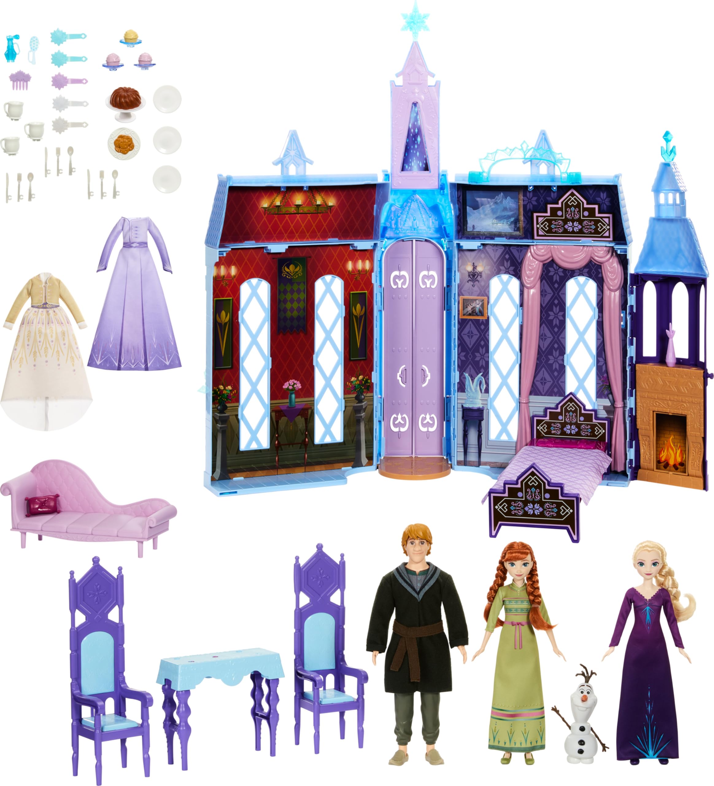 Mattel Disney Frozen Dolls & Doll House, Ultimate Arendelle Adventure Portable Castle (2+ ft) with 3 Fashion Dolls, Olaf Figure & 25+ Accessories