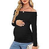 OUGES Womens Stretchy Wool Blend Off The Shoulder Side Ruched Maternity Tops Casual Going Out Trendy Slim Fit Shirt 2025