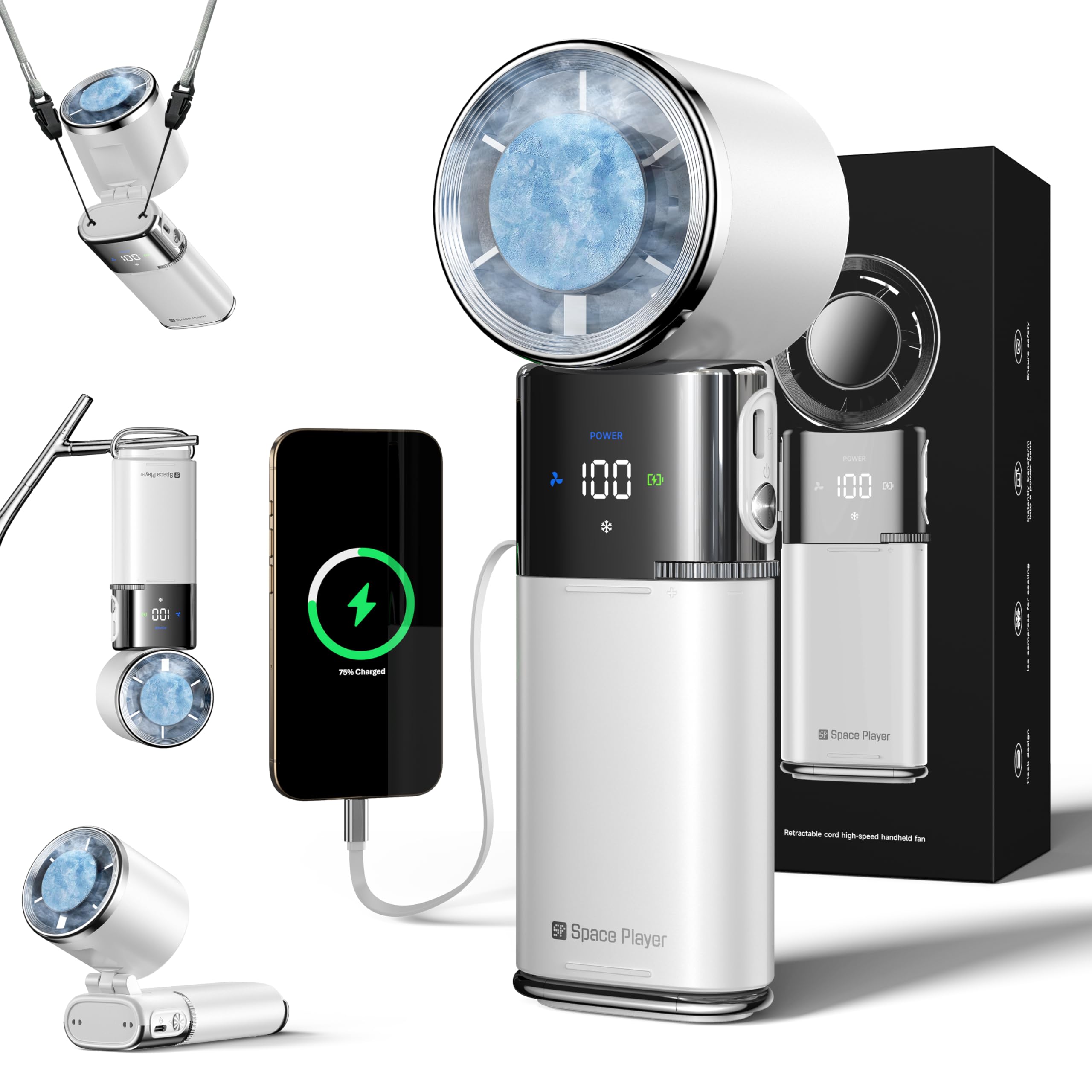 Photo 1 of SP Space Player Portable Handheld Turbo Fan with Ice Cooling, 9000mAh Rechargeable Personal Fan, 100-Speed Wind, Built-in Type-C Cable, LED Display,135° Tilt Foldable for Desk/Neck/Travel-White