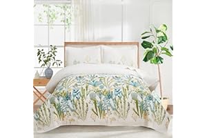 Yc 3-Piece Reversible Flowers Quilt Set White Green Floral Coverlets King(96"x108") Lightweight Summer Leaves Grass Coverlet 