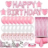 MOVINPE Pink Birthday Party Decoration, Happy Birthday Banner, Rose Gold Fringe Curtain, Foil Tablecloth, Heart Star Foil Confetti Balloons, 10g Table Confetti for Women Girl Birthday Party
