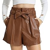 Fahsyee Black Faux Leather Shorts Women High Waisted Casual Wide Leg Size S-XXL