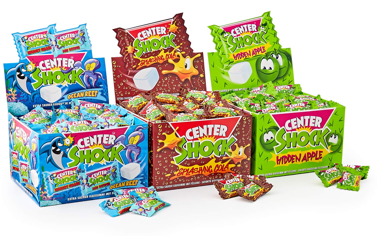 Center Shock Mix 3 Boxen Mit 100 Kaugummis Splashing Cola Hidden Apple Ocean Reef Extra Sauer Cola Apfel Wassermelone Und Himbeere Amazon De Lebensmittel Getranke