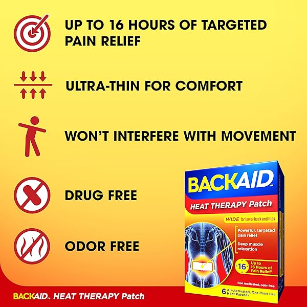 BACKAID HEAT THERAPY PATCH, AIR-ACTIVATED THERAPEUTIC HEAT, WIDE FOR LOWER BACK AND HIP PAIN RELIEF, 6 COUNT
