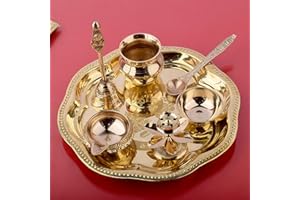 SATVIK STORE SATVIK 8.5 Inch Brass Puja Thali Set of 7 | Handcrafted Design for Divine Blessings | Ideal Housewarming Return Gift | Perfect for Festivals & Worship | Complete Puja Thali Set