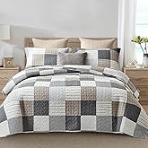 Y-PLWOMEN Quilt Set Queen Size, 100% Cotton Quilt Bedding Set, Patchwork Plaid Quilted Bedspread, Lightweight Reversible Queen Comforter Set for All Season, Grey/Brown/White/Black, 3-Pieces