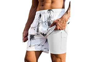 KBVOT Mens Swim Trunks with Compression Liner Bathing Suits 2 Pack Quick Dry Stretch Beach Shorts 7 inch Inseam Swimwear