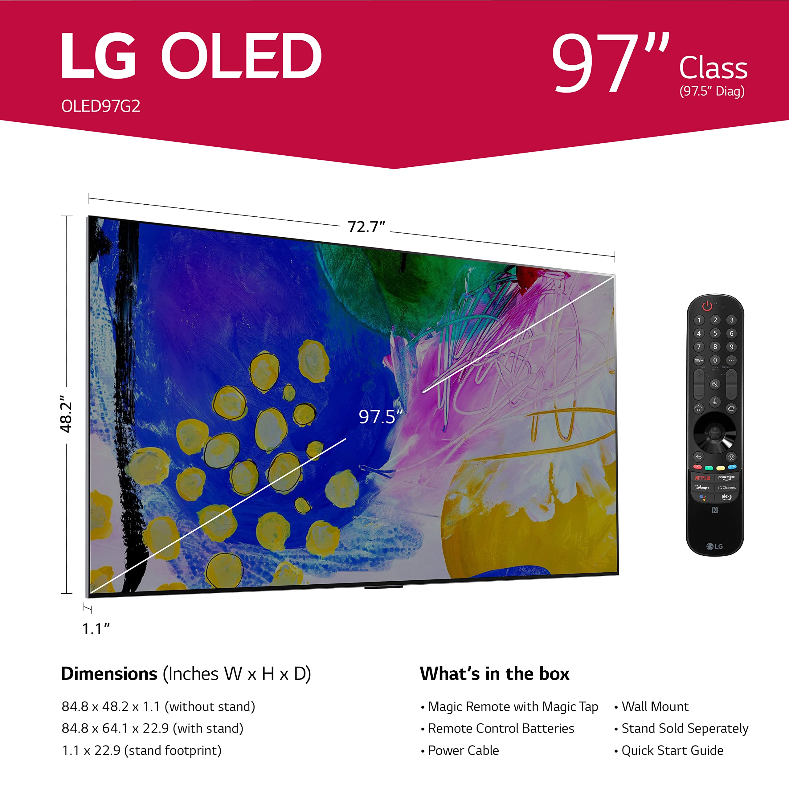 LG 97-Inch Class OLED evo Gallery Edition G2 Series Alexa Built-in 4K Smart TV, 120Hz Refresh Rate, AI-Powered, Dolby Vision IQ and Atmos, WiSA Ready, Cloud Gaming (OLED97G2PUA, 2022)