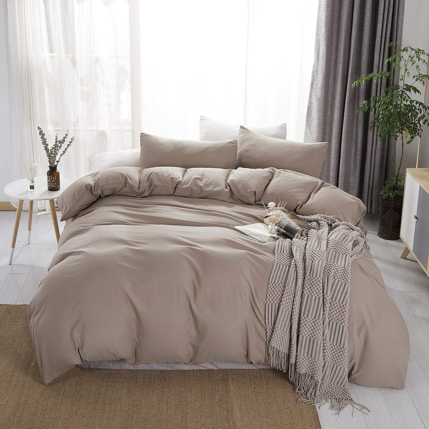 JML Duvet Cover Queen, Ultra Soft 100% Washed Microfiber 3 Pieces Bedding Comforter Cover Set and Breathable Solid Color Duvet Cover Set, Taupe