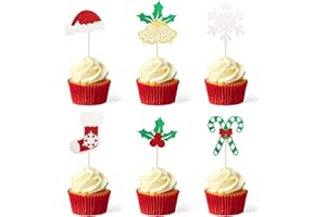 Gexolenu 24 PCS Christmas Cupcake Toppers, Double-sided Glitter Santa Hat Xmas Bell Snowflake Cupcake Picks For Celebrating Christmas Theme Cake, New Year Holiday Xmas Party Decorations Supply