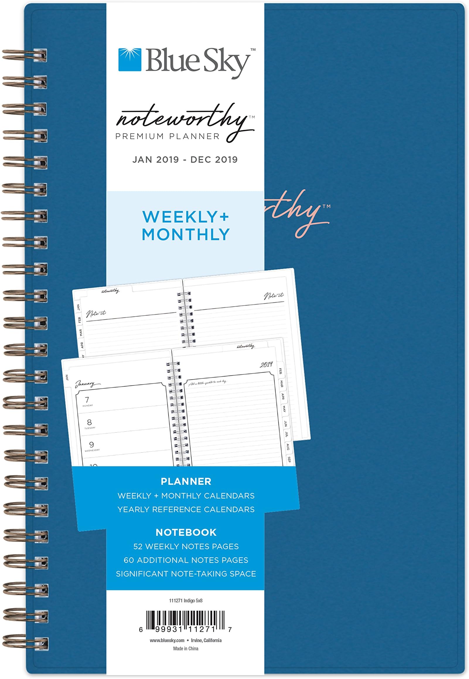 Blue Sky Noteworthy 2019 Weekly & Monthly Planner and Notebook, Flexible Cover, Twin-Wire Binding, 5" x 8", Indigo