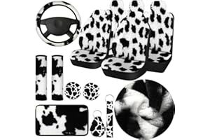 FRIENDA Plush Cow Print Car Accessories Full Sets Warm Cow Print Car Seat Covers Winter Christmas Car Seat Cover Rubber Steering Wheel Cover Armrest Pad Cover Seat Belt Pads Wrist Holder Keychain (Cow Print)