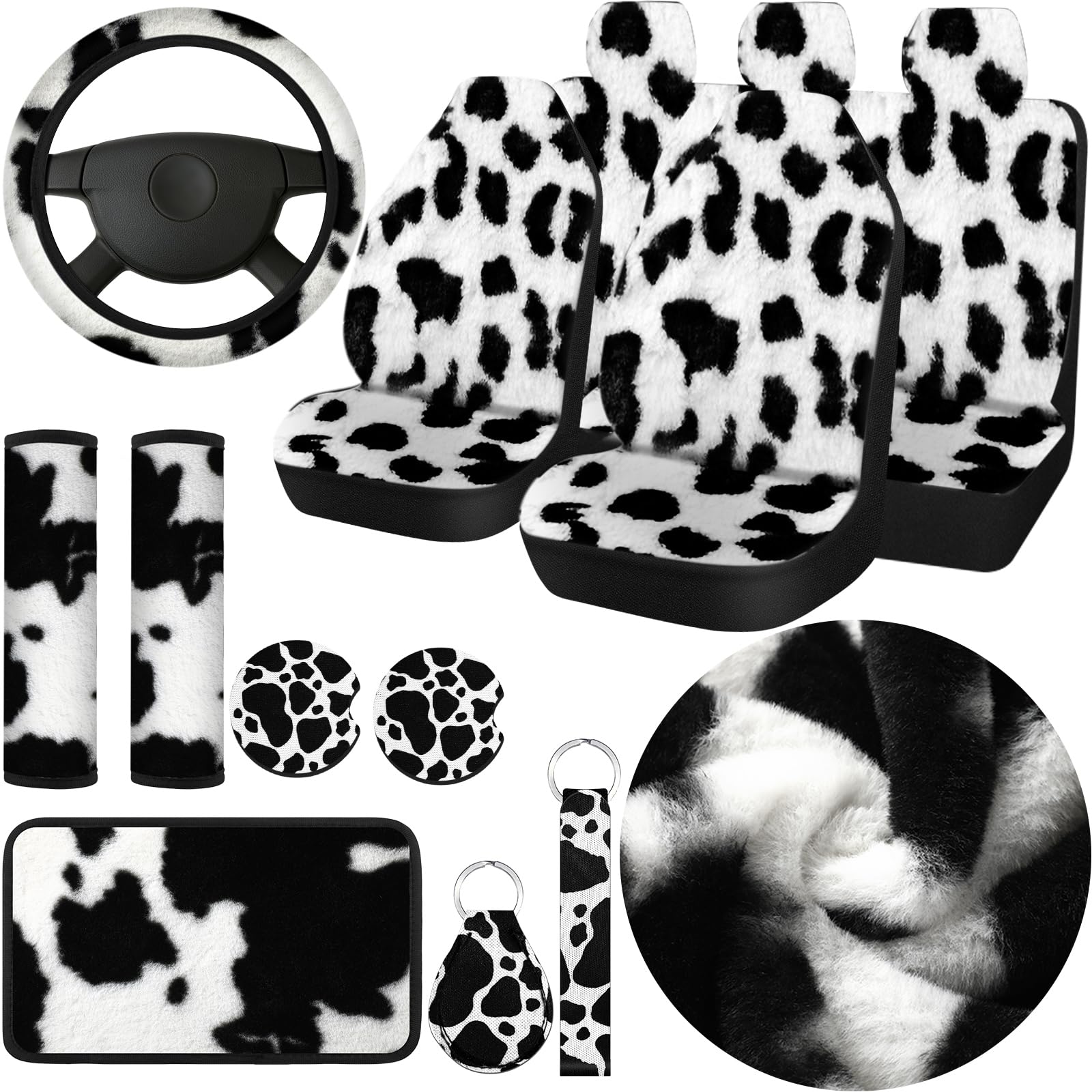 Photo 1 of ***Missing pieces***
Plush Cow Print Car Accessories Full Sets Warm Cow Print Car Seat Covers Winter Christmas Car Seat Cover Rubber Steering Wheel Cover Armrest Pad Cover Seat Belt Pads Wrist Holder Keychain (Plush). 