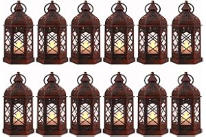 LLQ 12PCS Brushed Red Mini Lantern with LED Tealight for Halloween Decorations, Small Moroccan Lanterns for Wedding Decor, Vintage Christmas Lights for Table Centerpiece, Hanging Ornaments Bulk