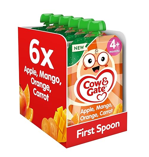 Cow & Gate Fruit Pouch Apple Mango Orange & Carrot Baby Food Snack, 4+ Months, 100g (Pack of 6)