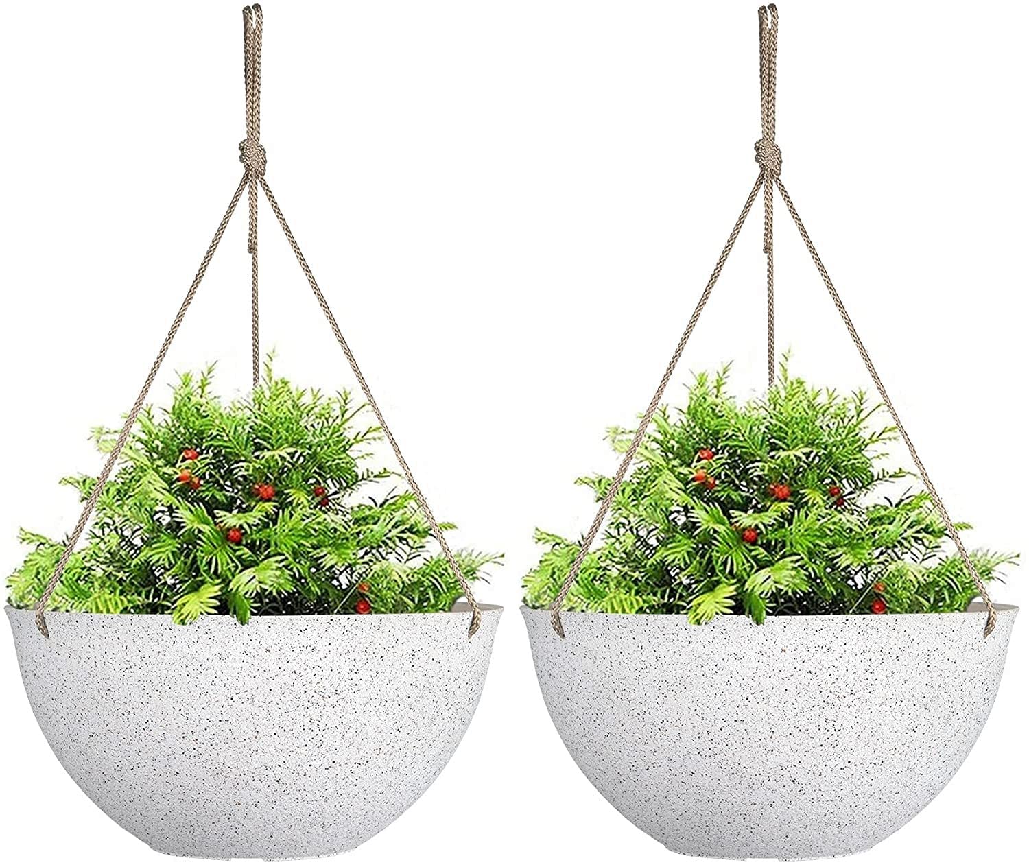 LATERN 2Pcs Hanging Flower Pots, 25cm Speckled White Hanging Plant Pots with Drainage Holes and Plugs, Hanging Planters for Boho Home Garden Decor