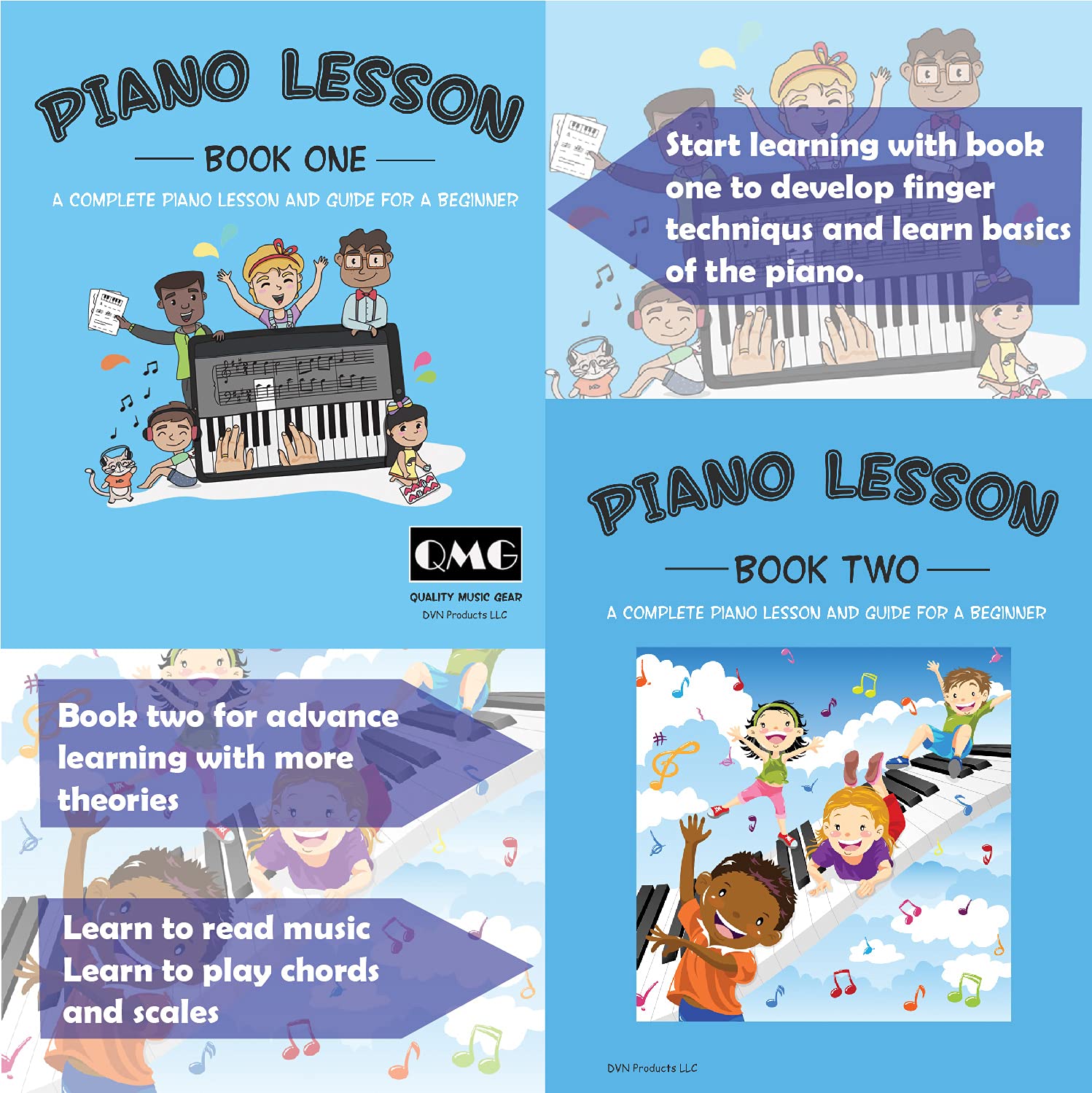 QMG Piano and Keyboard Stickers and Complete Piano Music Lesson and Guide Book 1 & 2 for Kids and Beginners; Designed and Printed in USA