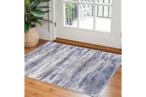 KOZYFLY Modern Abstract Rugs for Entryway 2x3, Washable Kitchen Rug Non-Slip Soft Small Bathroom Rug, Grey-Blue Striped Entryway Rugs Abstract Faux Wool Doormat for Bedside Entrance Bedroom Sink