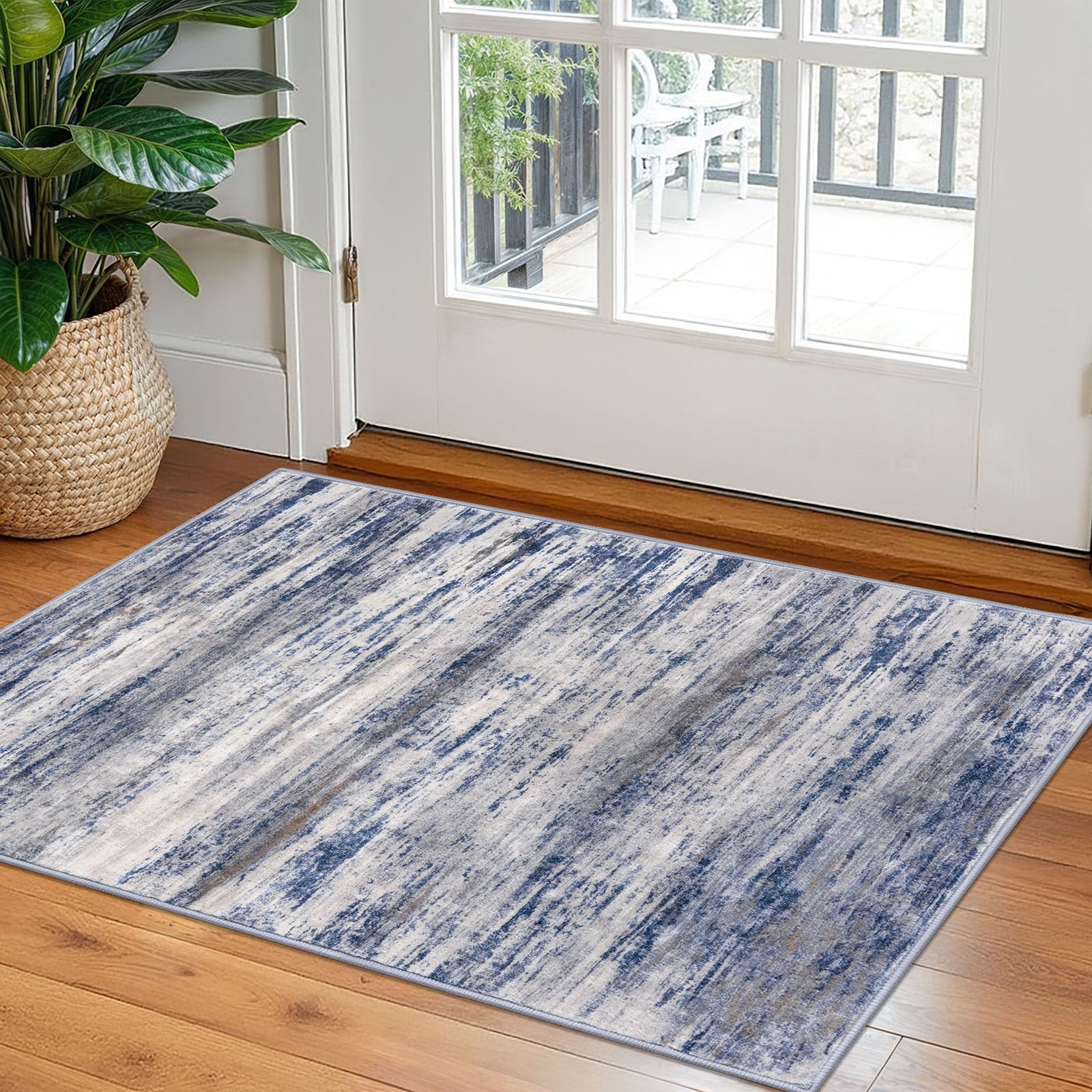 Photo 1 of KOZYFLY Modern Abstract Rugs for Entryway 2x3, Washable Kitchen Rug Non-Slip Soft Small Bathroom Rug, Grey-Blue Striped Entryway Rugs Abstract Faux Wool Doormat for Bedside Entrance Bedroom Sink