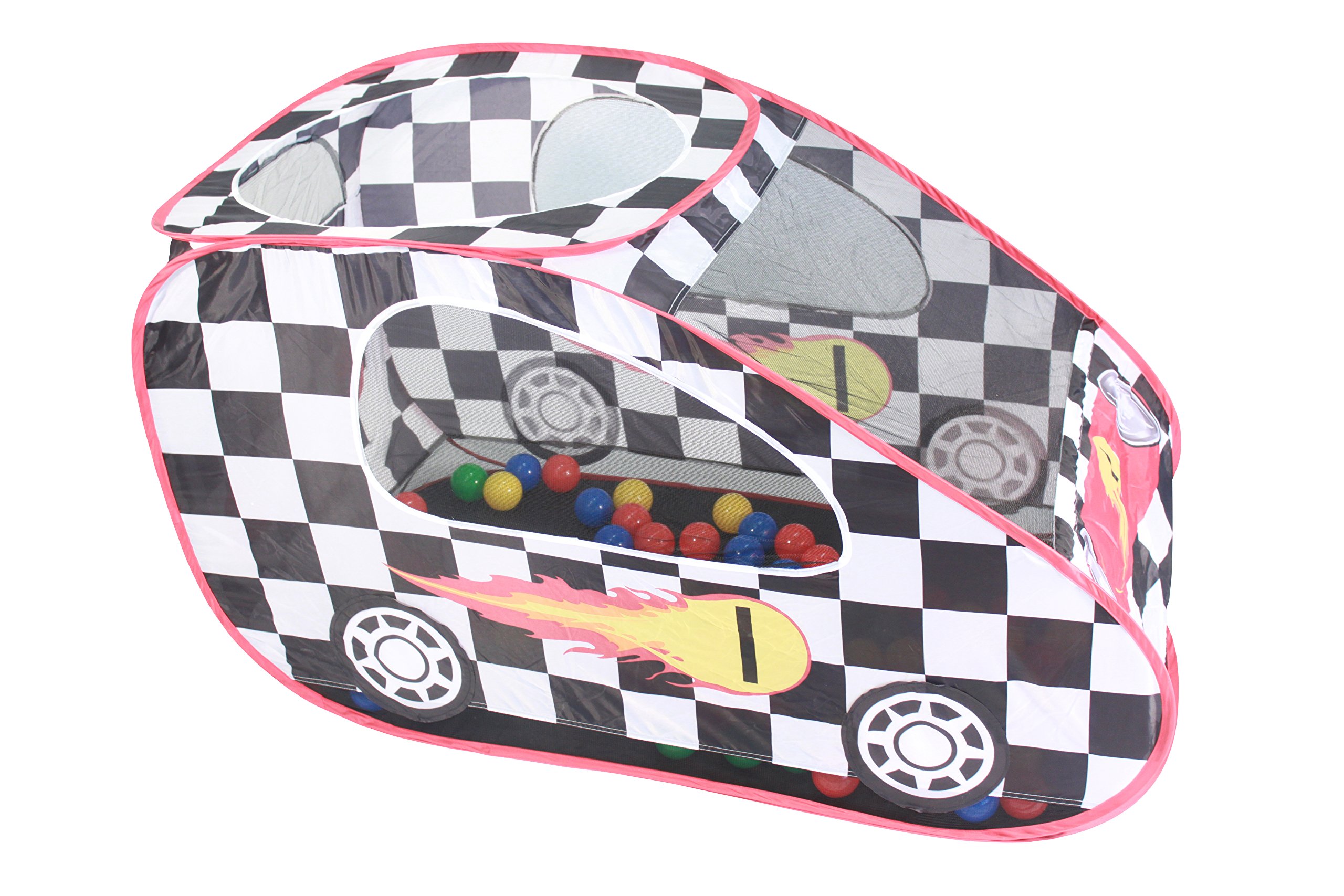 Pop up Racing Car Playtent + 100 Brightly Coloured Play Balls - pop up tent - Chequered Flag Race design pop up playtent - Kids play tents