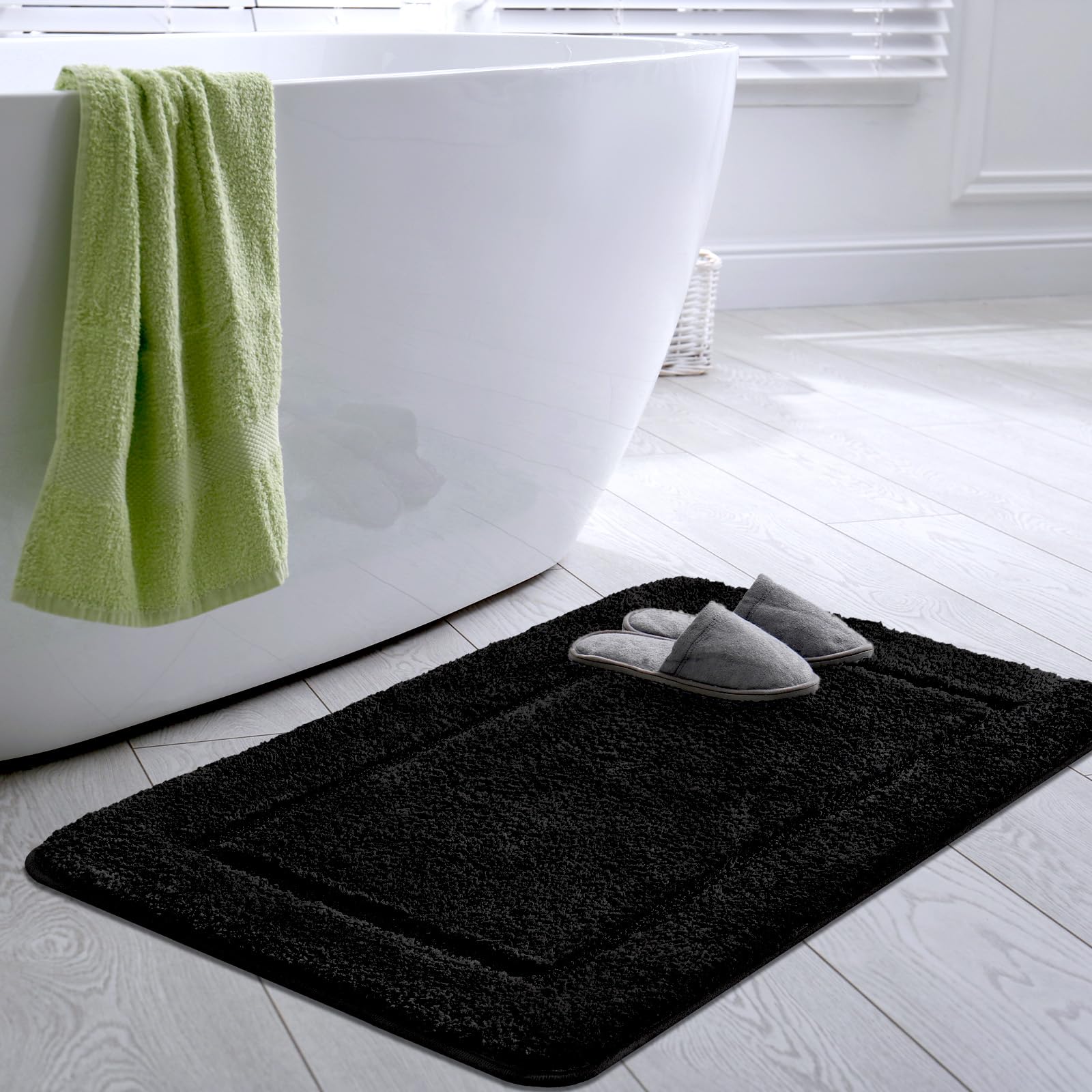 SOANNY Black Bath Mat Only, Non-Slip Soft Microfiber Machine Washable Bathroom Carpet Water Absorbent, High Density Large Fluffy Bathtub Shower Runner Rugs for Door Entrance, Kitchen, 60x90 cm