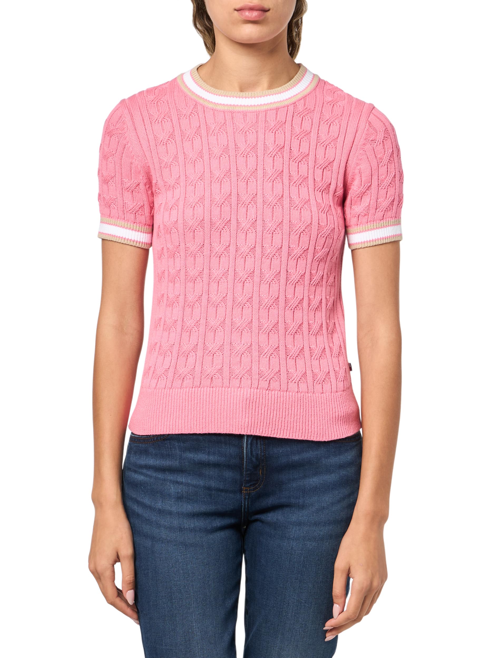 Tommy Hilfiger Women’s Short Sleeve Cable Sweater, Peony Multi, Small