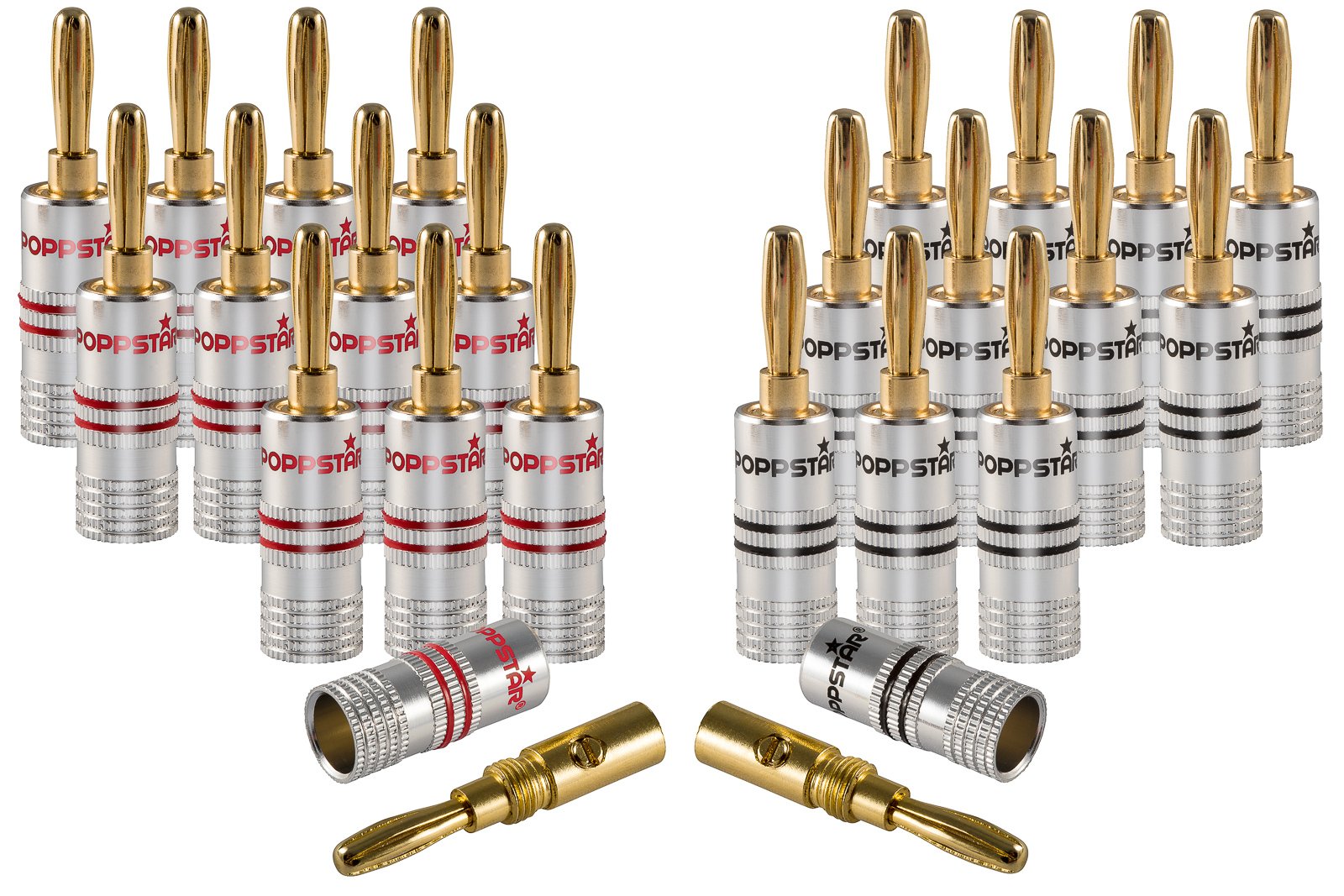 Poppstar Banana plug, for cables up to 4 sq mm screwed or 6 sq mm soldered, 24k gold plated contacts, set of 24