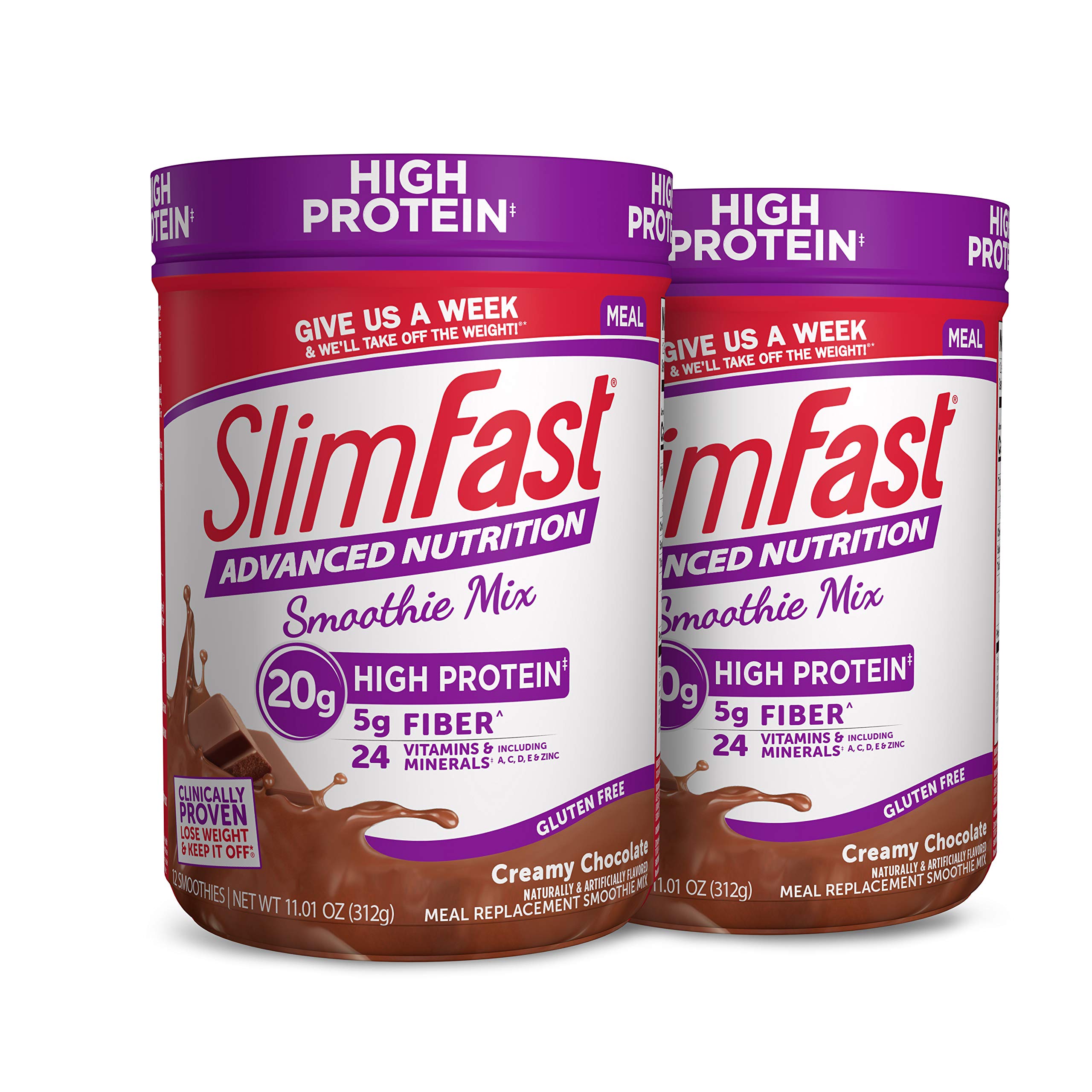 SlimFast Advanced Nutrition Creamy Chocolate Smoothie Mix – Weight Loss Meal Replacement – 20g Protein – 11.01 Oz. Canister – 12 Servings (Pack of 2) - Pantry Friendly