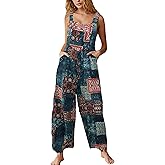 Himosyber Women's Patchwork Dual Pocket Jumpsuit Loose Floral Print Bohemian Wide Leg Bib Overall