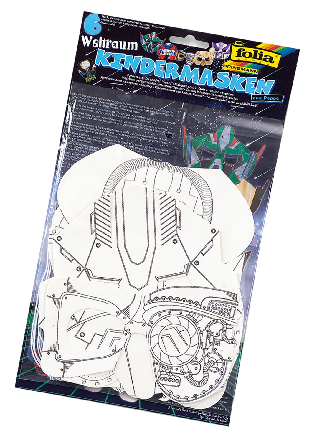 folia 23249 Children's Masks Space Made of Cardboard, Assorted Motifs, Pack of 6, White, for Painting and Designing, for Children, Boys and Girls, Ideal for Children's Birthdays and Parties