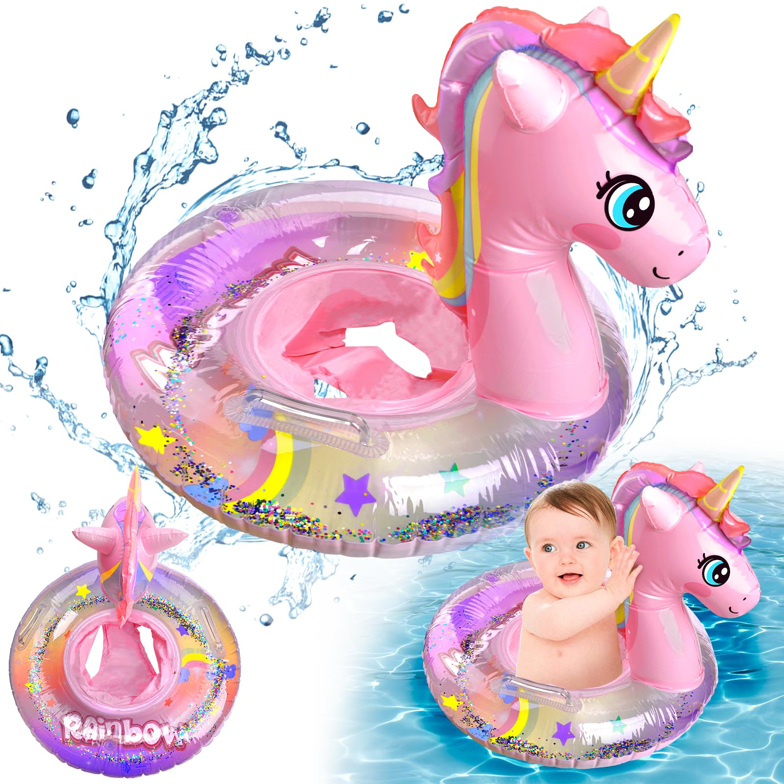 Baby Swimming Float with Safety Seat, Unicorn Inflatable Swimming Ring with Double Handle, Toddler Waist Baby Pool Float Ring for 1-5 Years Kids/Children Water Training (Unicorn)