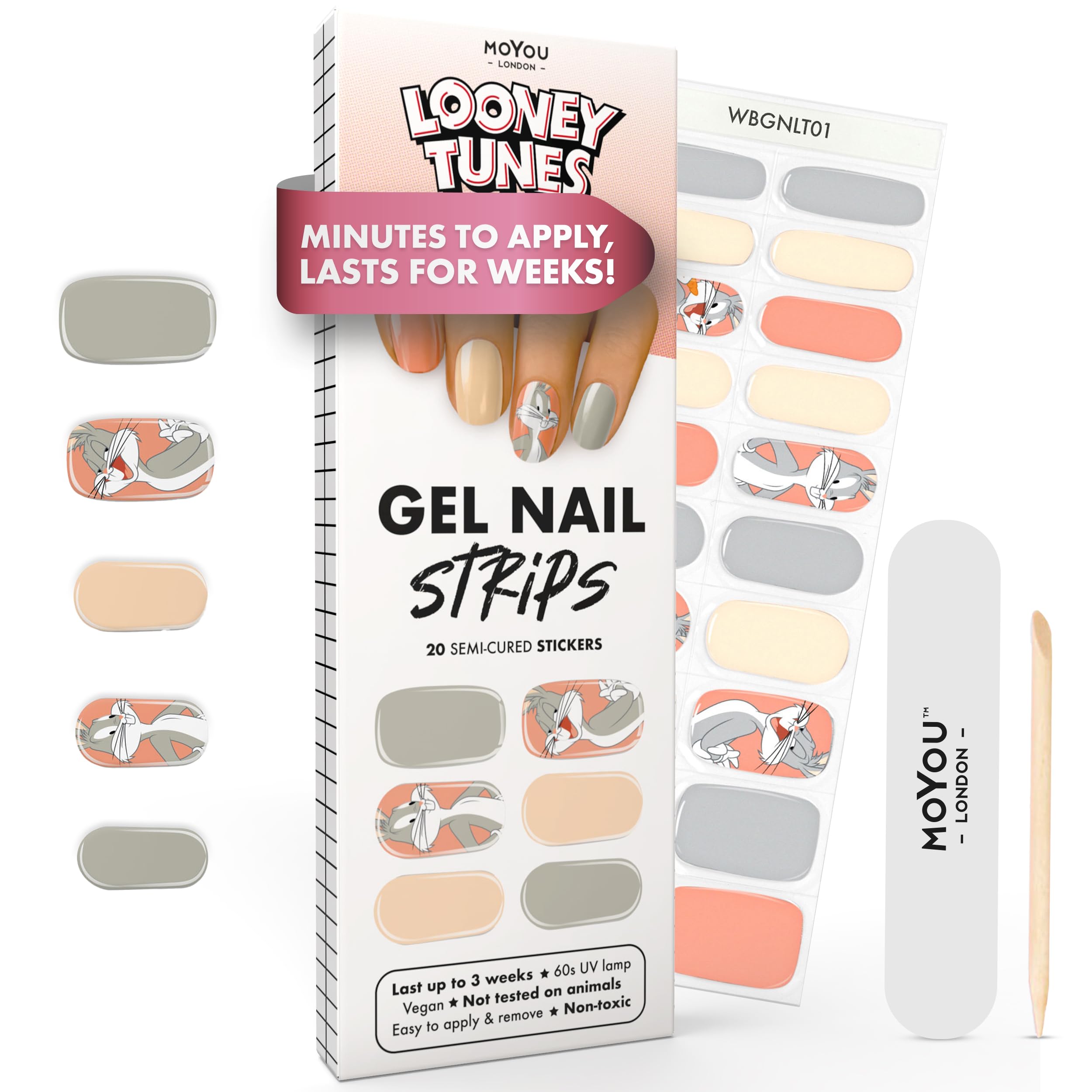 MOYOU LONDON Semi Cured Gel Nail Strips - 20 Pcs. Waterproof Gel Nail Wraps, Cures in Sunlight or UV/LED Lamp, Lasts Up to 2+ Weeks, Stretchable, Easy to Apply & Remove, Vegan & Cruelty-Free
