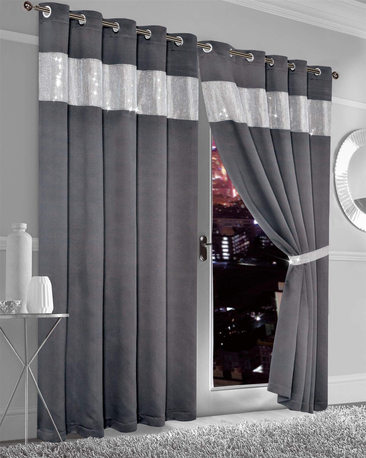 Olivia Rocco Diamante Blackout Eyelet Curtains With Tie Backs Black Out Thermal Ring Top Curtain Pair Window Dressing, 66" (Width) x 72" (Drop) Charcoal