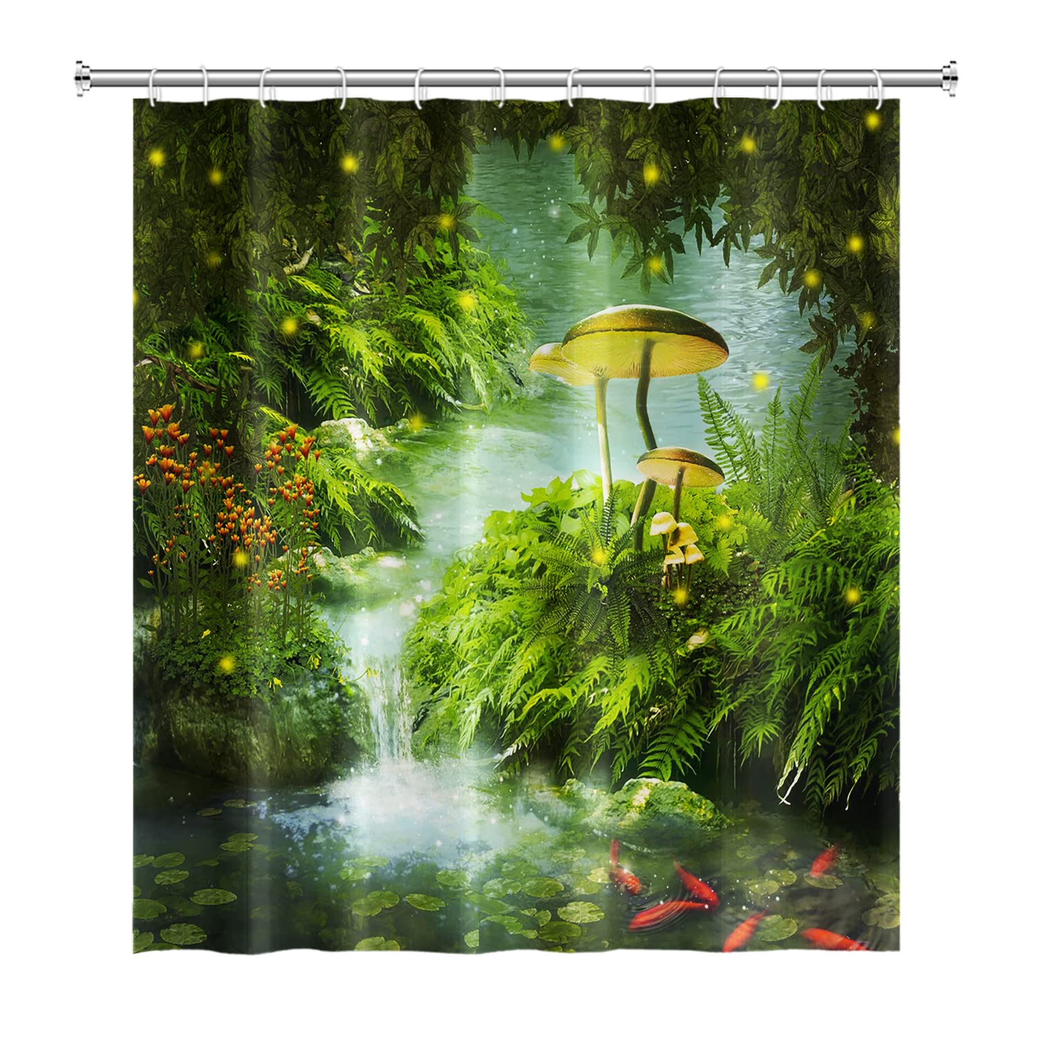 SDOTPMT 122x183cm Magic Forest Shower Curtain Fantasy Mushroom Green Grass Tree Leaves Bath Curtain Zen River Trippy Bathtub Curtain for Bathroom Polyester with Hooks