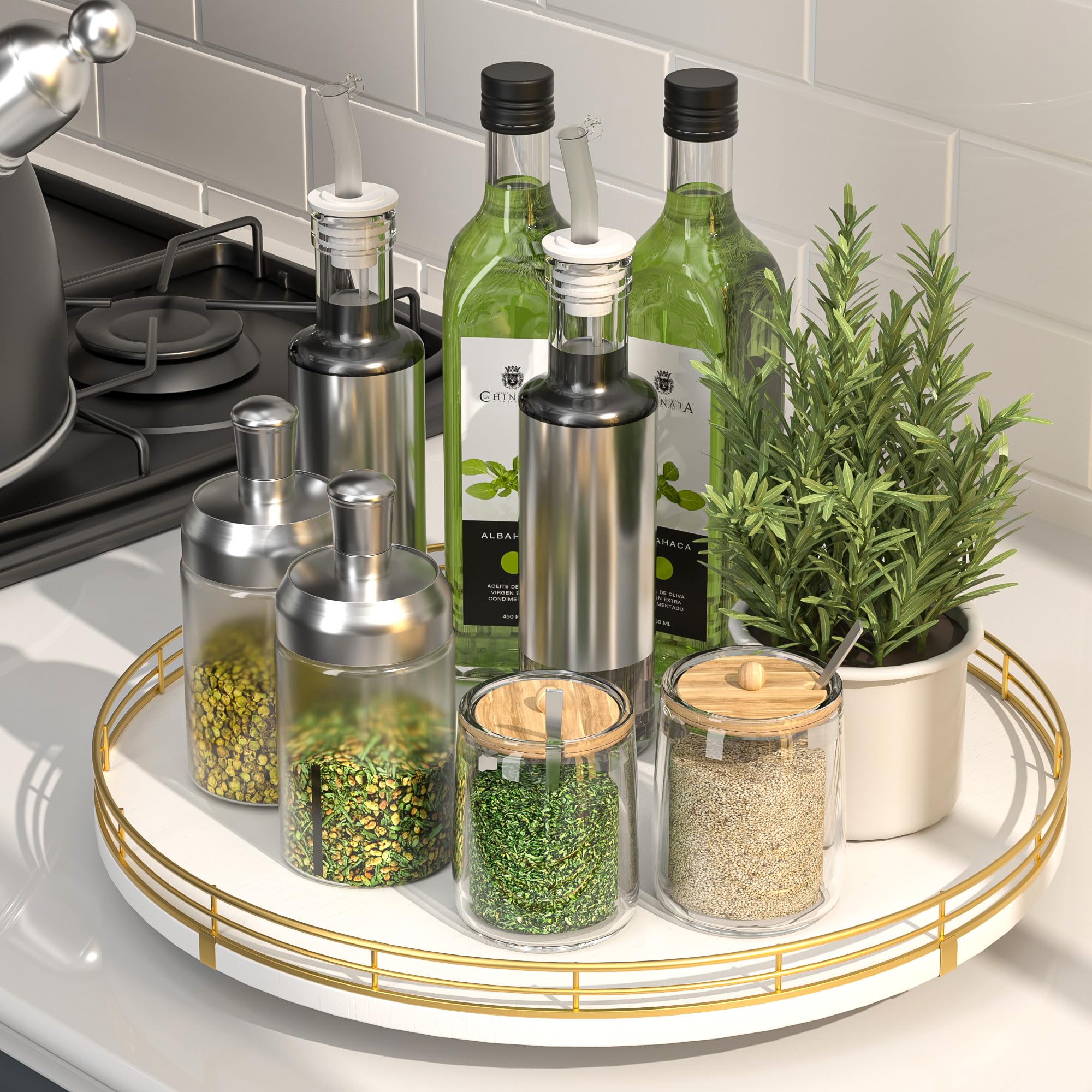 Photo 1 of 13“ Wooden Lazy Susan Turntable for Cabinet – Round Rotating Spice Rack Organizer, White Kitchen Countertop Tray for Dining Table & Pantry Storage (White & Gold)