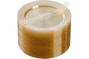 Goodluck 120PCS Gold Glitter Plates with Plastic Forks, Gold Dessert Plates for 60 Guests, Heavy Duty Disposable Plates for P