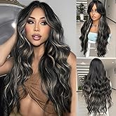 LEOSA Highlight Wig Long Black Mixed Blonde Wavy Layered Wig with Curtain Bangs for Women Synthetic 26 Inch Middle Part Curly Wavy Natural Looking Hair Wigs for Daily Party,Black Mixed Blonde