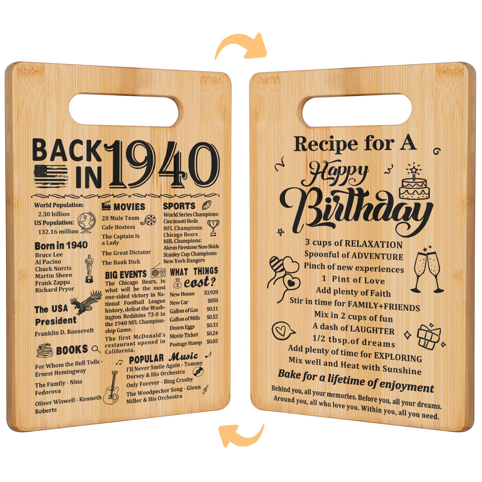Photo 1 of 85th Birthday Gifts for Women Men,Back In 1940&Recipe for A Happy Birthday Double sided Cutting Board Gift for Her Him,85th birthday gifts ideas,cool gifts for 85 year old woman
