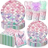 168Pcs Mermaid Birthday Decorations Mermaid Party Supplies Includes Plates, Napkins, Cups, Cutlery for Girls Baby Shower Ocean Birthday Party Decorations, Serves 24