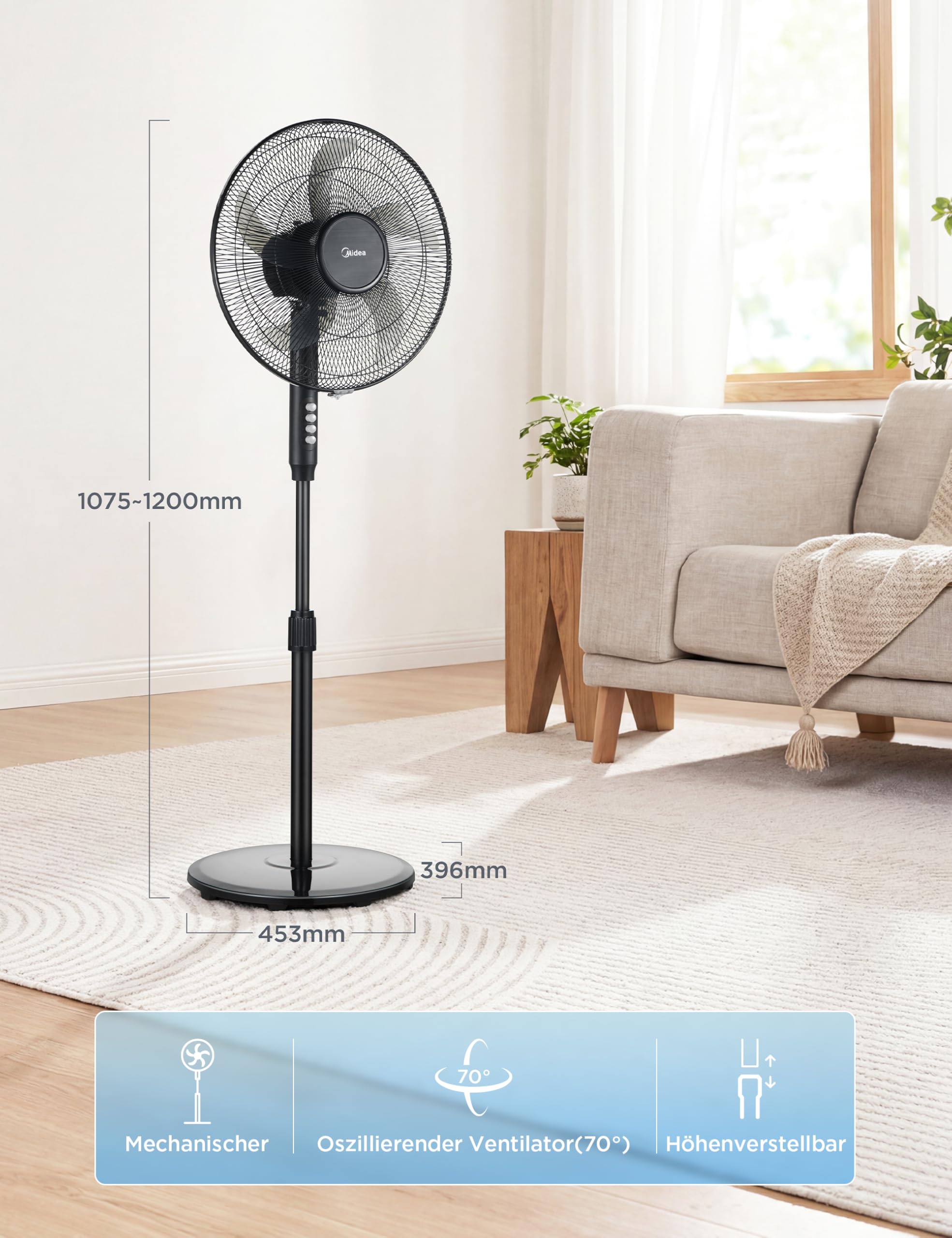 Midea Standventilator FS40-25JA mit Fernbedienung, 5 Flügel, 40W Energiesparend, Höhenverstellbar bis 122cm, Leise, Schwarz 2