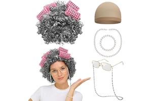 Huskein Old Lady Costume for Women, Old Lady Black White Curly Wig Glasses Wig Cap Necklace Bracelet Hair Rollers Kit for Kid