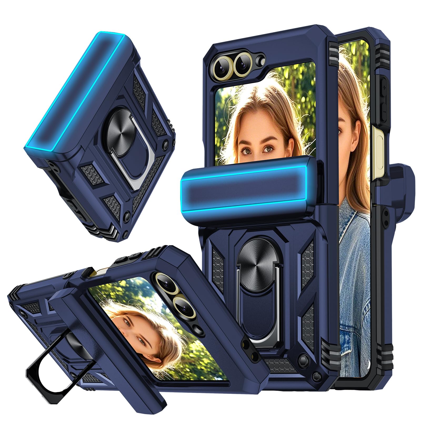 Photo 1 of LeYi for Samsung Z-Flip 6 Case, Samsung Galaxy Z Flip6 Case with Slide Camera Cover, Heavy Duty Double Layer Military Grade Case Cover with Magnetic Ring Kickstand for Samsung ZFlip 6, Blue