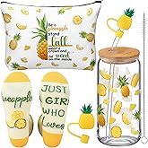 3 Pcs Pineapple Gifts Set for Women Bulk Spring Hawaiian Summer Funny Gifts for Mother Pineapple Socks 16 oz Cute Drinking Glass Tumbler Cups with Lids and Straws Makeup Bags for Aloha Birthday Party