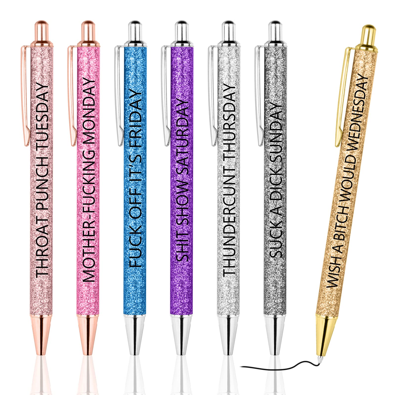 AUAUY Funny Pens - 7 Bling Metal, Click Retractable Pens - Black Ink for Adults, Kids, School, Office, Home, Drawing
