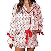 Argeousgor Cute Pajamas for Women Bow Tie Long Sleeve Shirt Ruffe Shorts Satin Heart 2 Piece Pjs Set Sleepwear