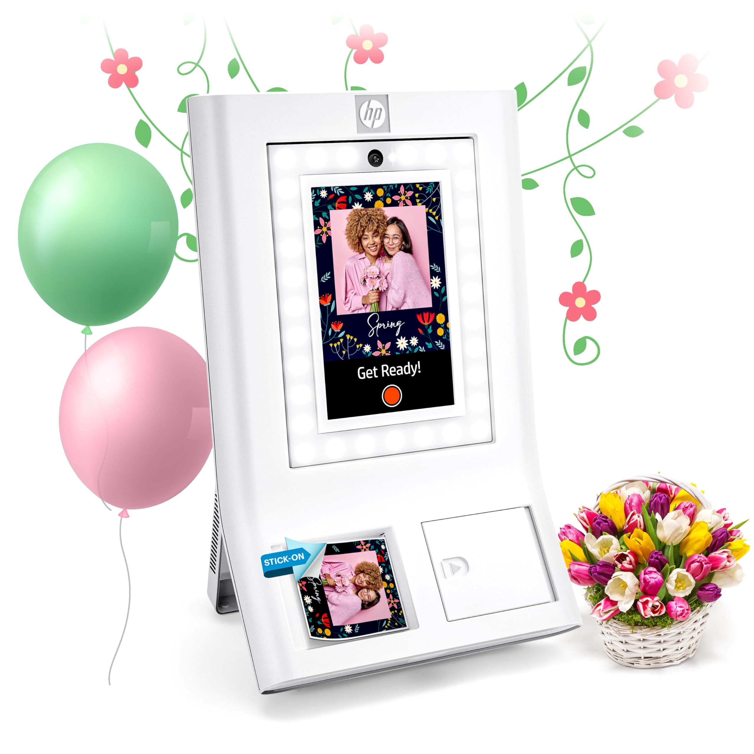 HP Sprocket Photo Booth Machine Instant Color Photo Printer, 10.1" (25.6 cm) Touchscreen, Ring Light, Custom Frames, 3x4 (7.6x10.1 cm) Photobooth Zink Paper, Share via QR Code,Mobile Notify App,White